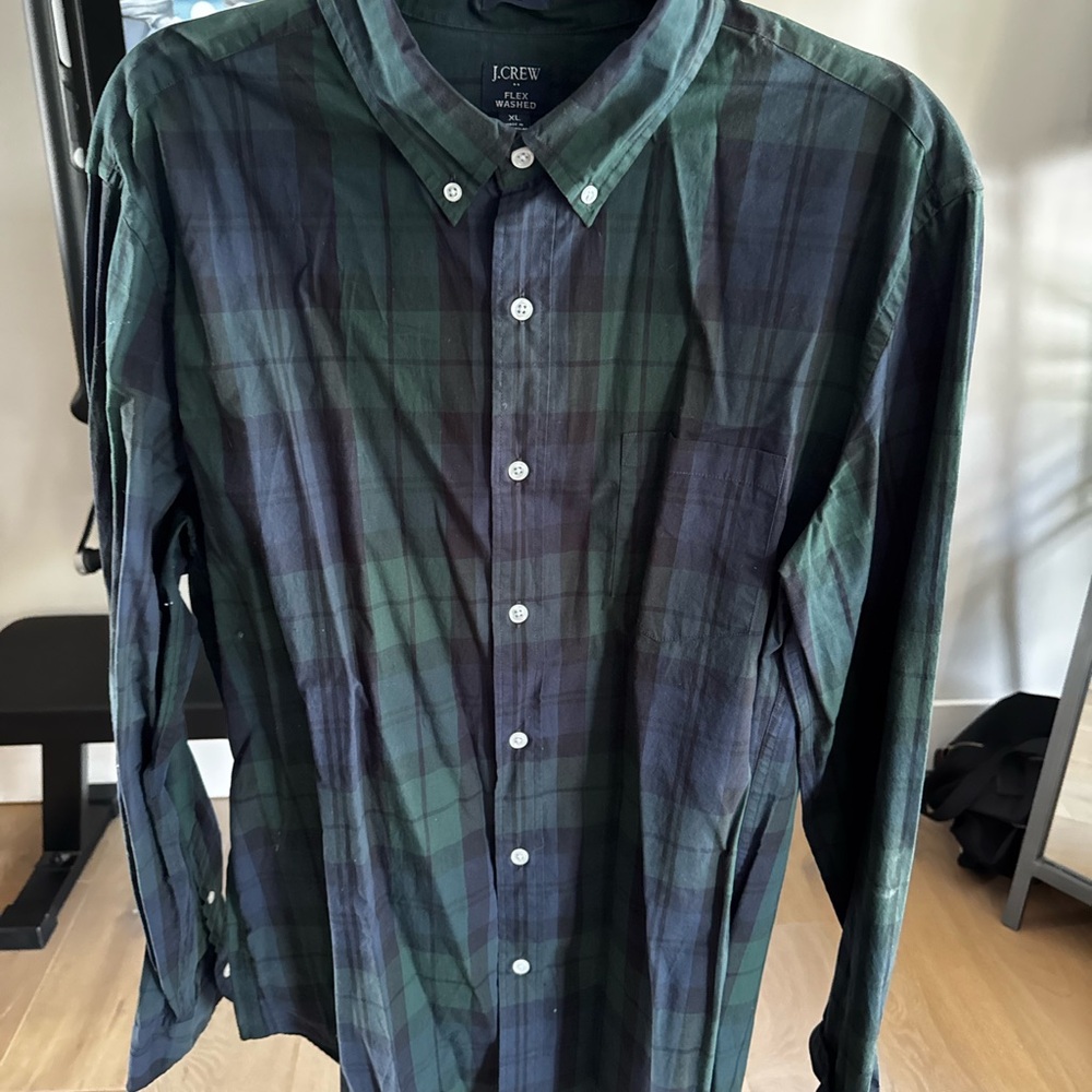 J. Crew Men's Navy and Green Checkered Shirt
